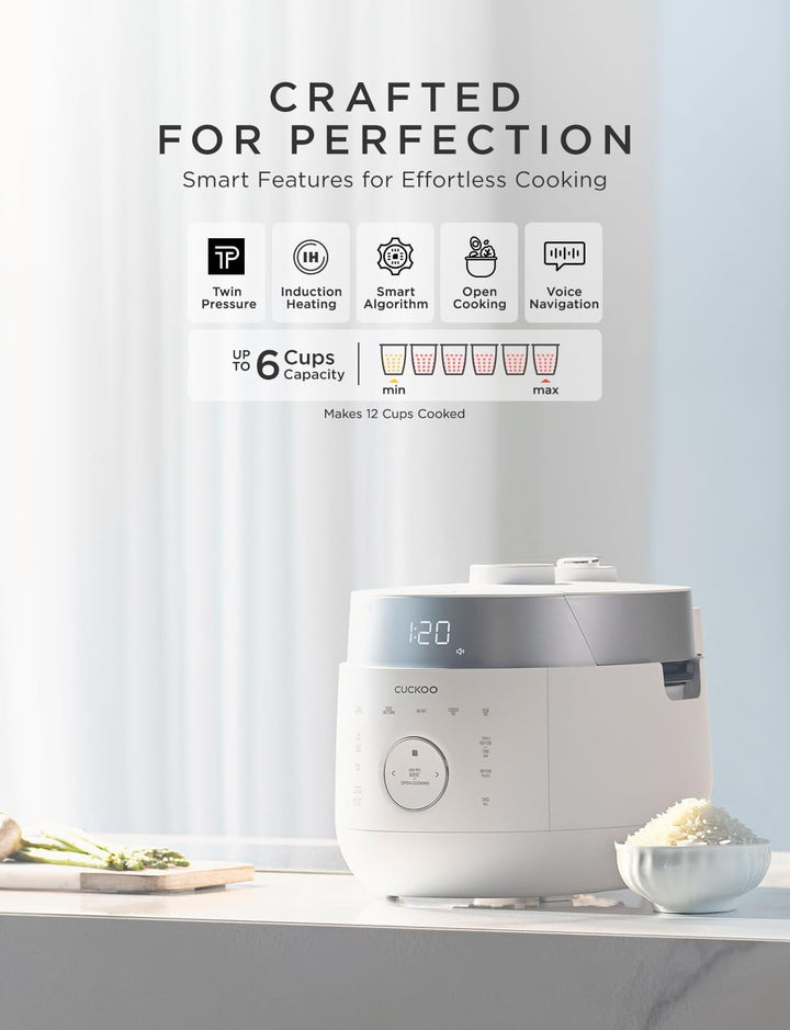 CUCKOO Twin Pressure Induction Rice Cooker, 12-Cup Cooked, CRP-LHTR0609FW | 6-Cup Uncooked Capacity, Nonstick Inner Pot, 21 Menus, Turbo Rice in 12-19 Minutes, Auto Clean, Voice Guide, Made in Korea+2