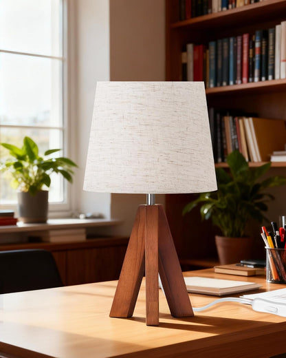 Tripod Table Lamp, 14.6 Inch Small Bedside Lamp with Beige Linen Shade, Modern Nightstand Lamp for Bedroom, Kids Room, Living Room, Nursery, Office, E26 Socket, Dark Wood Base, LE51TL059