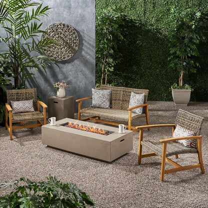 Outdoor 5 Piece Acacia Wood and Wicker Conversation Set with Fire Pit, Gray and Light Gray2