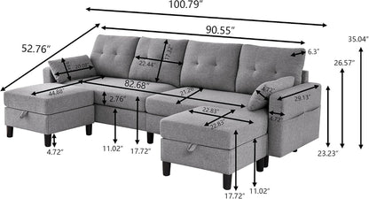 Convertible Sectional Sofa Couch, 101" U Shaped Couch with Storage Chaise and Side Pocket, Modern Polyester 4-Seat Reversible Sofa Set for Living Room, Light Grey2