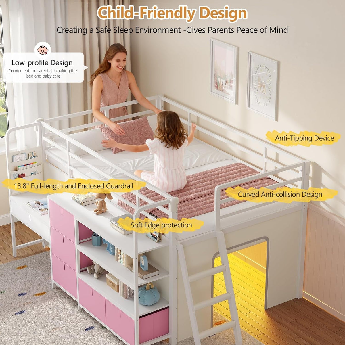 low-loft-bed-with-desk-and-6-storage-drawers-twin-loft-bed-with-bookshelf-led-lights-under-bed-play-space-kids-twin-beds-with-13-8h-safety-guardrail-inclined-ladder-play-curtain-pink-white