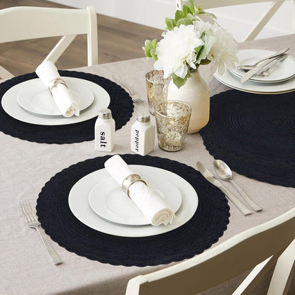 round Placemats Set of 4 Boho Braided Border 15 Inch Circle Place Mats Washable Fabric Table Mats for Kitchen Dining Table, Black6