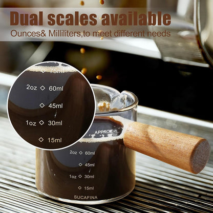 2 Pack Espresso Cups with Wood Handle, 75ML Double Spout Glass Measuring Cup with Dual Scale, Espresso Shot with V-Shaped Mouth, Clear Glass Espresso Accessories, Milk Frothing Pitcher2