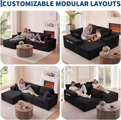 110" Boneless Cloud Sectional Couch for Living Room, L Shaped 3 Seater Modular Corduroy Sofa with Chaise, Deep Seated Oversized Boneless Couches, Compressed Sofa in a Box, No Assembly, Black5