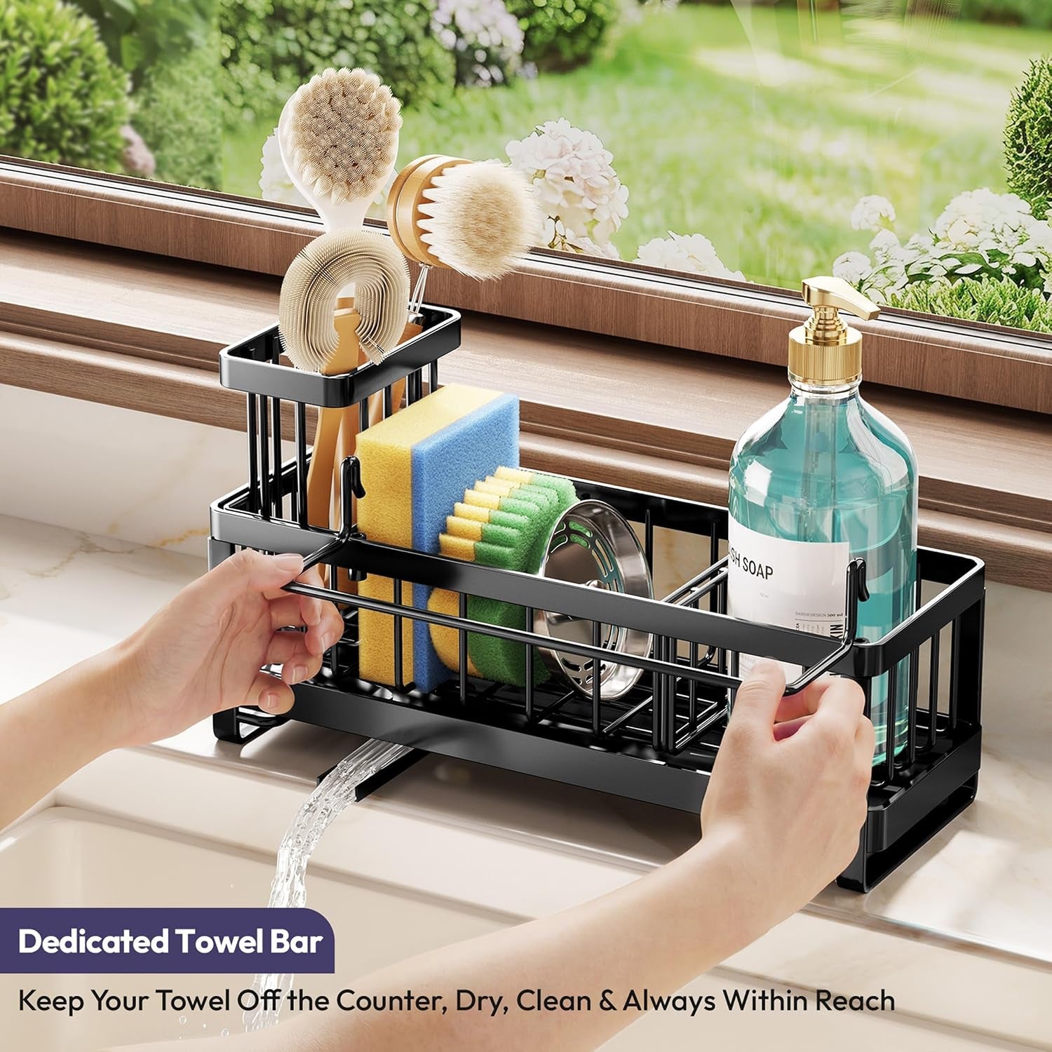 sponge-holder-for-kitchen-sink-sink-caddy-with-brush-holder-self-draining-sponge-caddy-organizer-with-divider-stainless-steel-kitchen-accessories-storage-for-countertop-black
