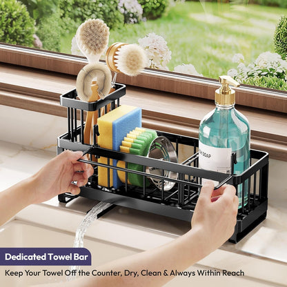 Sponge Holder for Kitchen Sink - Sink Caddy with Brush Holder Self-Draining Sponge Caddy Organizer with Divider Stainless Steel Kitchen Accessories Storage for Countertop, Black5