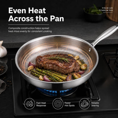 9Inch Titanium Pro Pans for Cooking, Titanium Frying Pan with Lid | Uncoated Hammered Cookware, Pfas-Free & No Coating, Oven & Induction Safe, Scratch-Resistant, Even Heating, Dishwasher Safe8