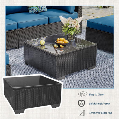 7 Piece Outdoor Patio Furniture Set, Outdoor Sectional Conversation Furniture Chair with Coffee Table, Patio Sectional for Backyard, Garden(Peacock Blue Cushion and Black Rattan)2