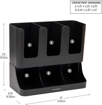 Condiment Station, 13 Inch Countertop Coffee Bar Organizer with 6 Compartments, Storage Caddy for Cups, Lids and Packets, Plastic, Black3