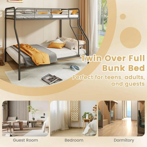 Metal Bunk Beds Twin over Full Size, Heavy Duty Bunk Bed for Teens Adults with Ladder & Guardrails, Space Saving Metal Bunk Bed for Dorm, Bedroom, Apartment, No Box Spring Needed (Black)9