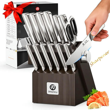 G14 Japanese Kitchen Knife Set, Stainless Steel with Block, 14Pc1