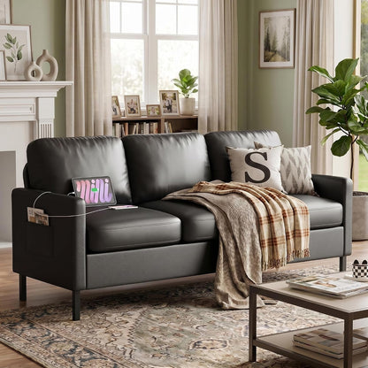 72'' Black Faux Leather 3-Seater Couch with USB, Small Sofa for Living Room1