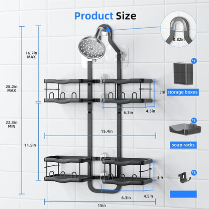 Aluminum Alloy Shower Caddy Hanging, No Drilling over the Shower Head Caddy, 2 Levels Showers Rack Organizer with Hooks, Razor Holder, Soap Holder2