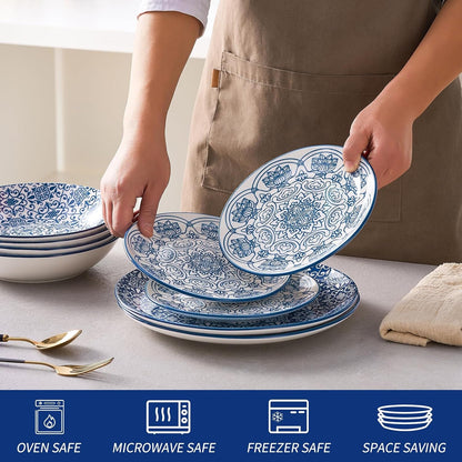 Porcelain Dinnerware Sets Service for 4, 12 Pcs Hand Drawn Plates and Bowls Sets, Handmade Ceramic Dish Set, Chip Resistant Modern Plate Set, Dishwasher/Microwave Safe，Vintage Blue6