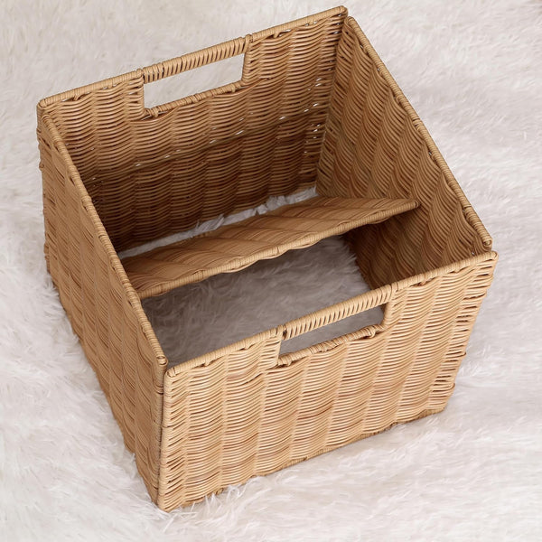 10.5 X 10.5 in Plastic Wicker Baskets for Cube Storage, Collapsible Square Wicker Storage Basket Set of 3, Rattan Storage Cube, Square Baskets for Shelves - Khaki6