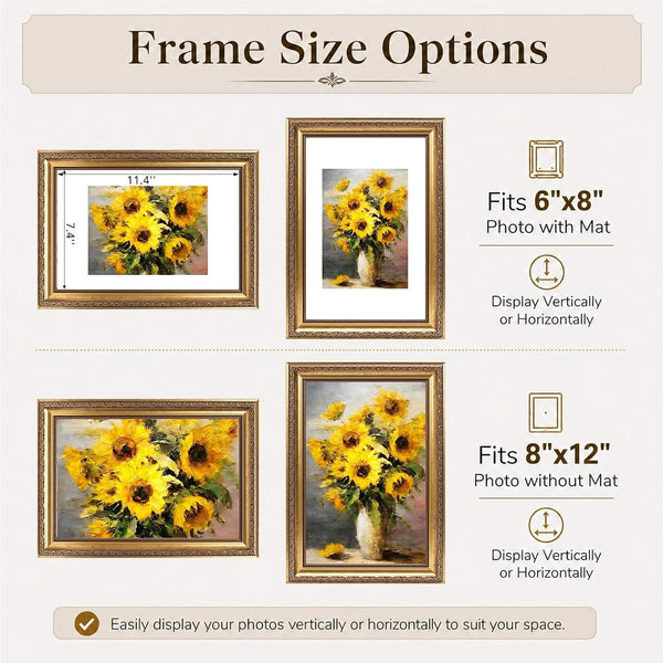 8X12 Vintage Picture Frame with 6X8 Mat, Elegant Retro 8 by 12 Photo Frame with Shatter-Resistant Plexiglass for Wall or Tabletop Display, Gallery Decor & Gift, Gold, 1 Pack2