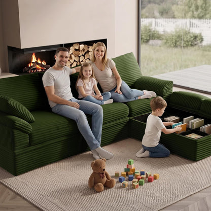 107" Boneless Couch with Storage, 48.6" Extra Deep-High Seat Modular Sectional Sofa with Ottoman, 3 Seater U Shaped Corduroy Cloud Couch, Tool-Free Assembly Sectional Couches for Living Room, Green2