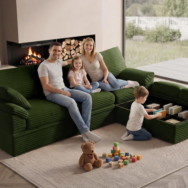 107" Boneless Couch with Storage, 48.6" Extra Deep-High Seat Modular Sectional Sofa with Ottoman, 3 Seater U Shaped Corduroy Cloud Couch, Tool-Free Assembly Sectional Couches for Living Room, Green2