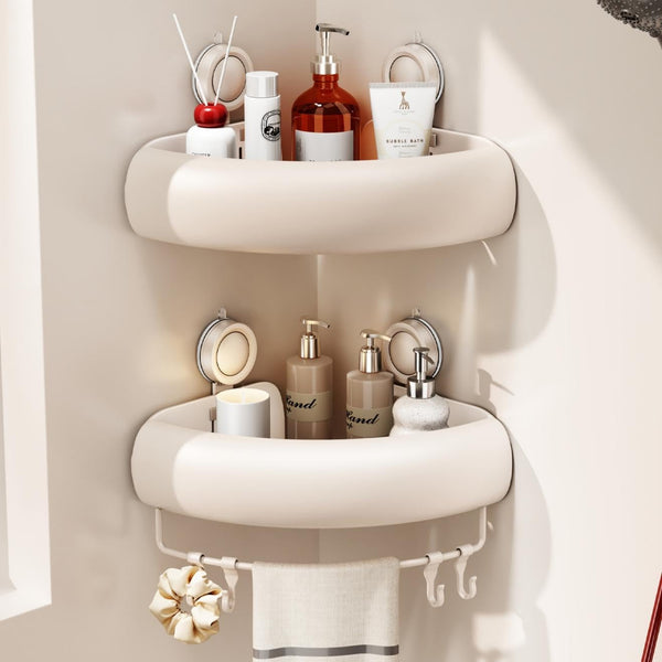 Shower Caddy Suction Cup, 2 Pack No Drilling Corner Shower Shelves, Rust Proof Bathroom Storage Organizer, Shower Corner Caddy with Removable Hooks and Towel Bar, Triangle, Cream1