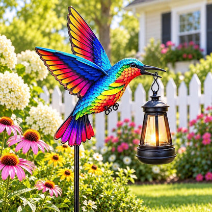 Solar Hummingbird Garden Lights with Hanging Lantern, Outdoor Yard Decor1