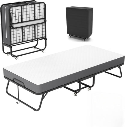 75" X 38" Folding Bed with Mattress for Adults, Portable Foldable Rollaway Bed with Memory Foam Mattress & Super Strong Frame, Convenient Roll Away Bed for Storage1