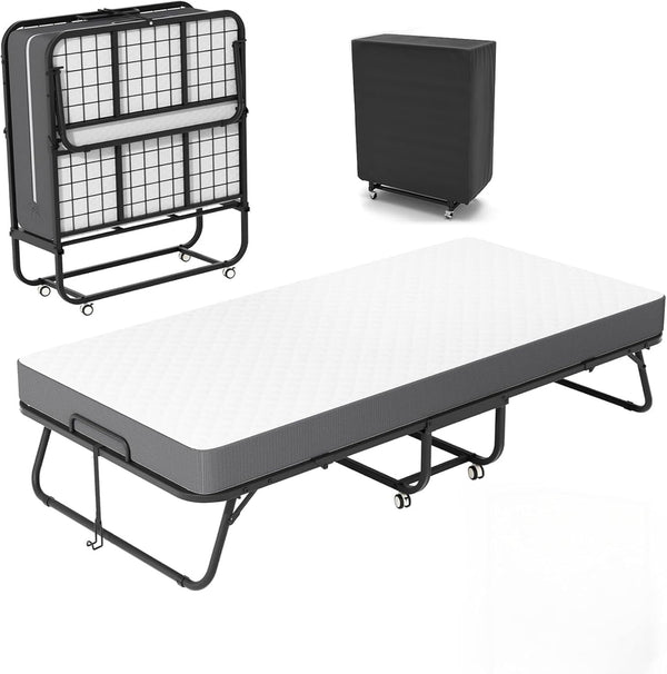 75" X 38" Folding Bed with Mattress for Adults, Portable Foldable Rollaway Bed with Memory Foam Mattress & Super Strong Frame, Convenient Roll Away Bed for Storage1