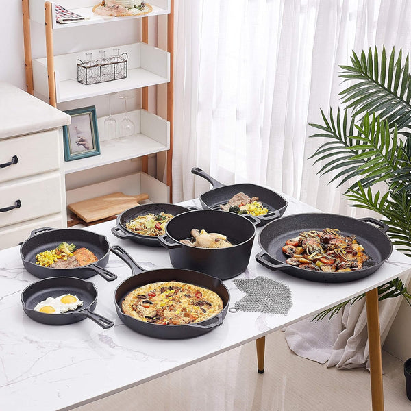 8 Piece Cast Iron Cookware Set - Pre-Seasoned Pots and Pans Set with Cast Iron Skillets, Grill Pan, Dutch Oven, Pizza Pan, and Scrubber - Heavy Duty Cooking for Home Kitchen or Camping3