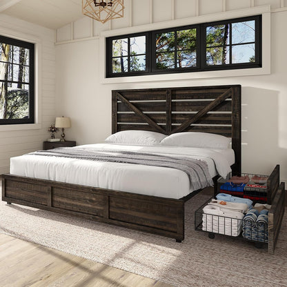 King Size Farmhouse Storage Bed Frame with Headboard & 4 Drawers1