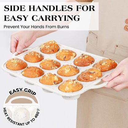 2 Pcs Silicone Muffin Pans for Baking, Cream | Regular 12 Cup and Mini 24 Cup, with Metal Reinforced Frame, Silicone Cupcake Mold, BPA Free7