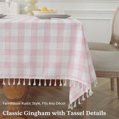 Pink Gingham Tablecloth Rectangle 55 X 75 Inch, Washable Checkered Plaid Table Cloth Heavy Duty Linen Cotton Fabric for Mothers Day Outdoor Picnic Party Freshly Graduated3