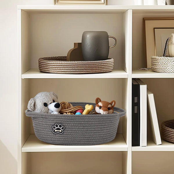Small Dog Toy Basket, Soft Cotton Rope Dog Cat Toy Bin, Woven Storage Holder for Living Room Nursery, Cats Pet Gift Basket Empty, Decorative Wicker Storage Box with Handle, 13"X 9"X 5" (Grey)5