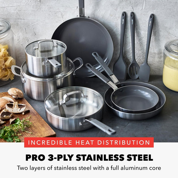 X Bobby Flay Stainless Steel 12 Piece Cookware Pots & Pans Set, Professional Grade Tri-Ply, Multiclad, Pfas-Free Ceramic Nonstick, Induction Suitable, Dishwasher & Oven Safe,Stay Cool Handles3