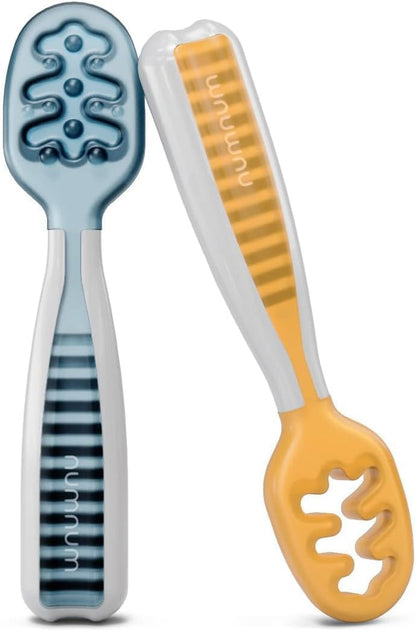 Baby Spoons Self Feeding 6 Months, 2-Pack Blue/Orange | First Stage Silicone Pre Spoon Utensils for Baby Led Weaning, BPA Free Baby Feeding Essentials, Dishwasher Safe1