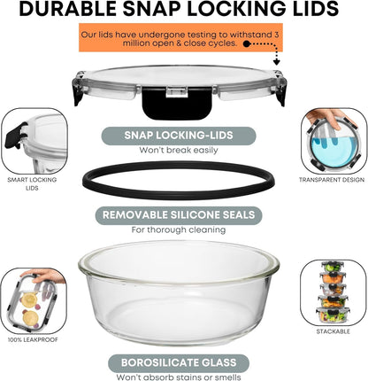 30 PC Glass Food Storage Containers with Lids - Reusable Glass Meal Prep Containers for Lunch and Leftovers - Airtight & Leakproof Snap Locking Lids - Oven, Freezer, Microwave, Dishwasher Safe3