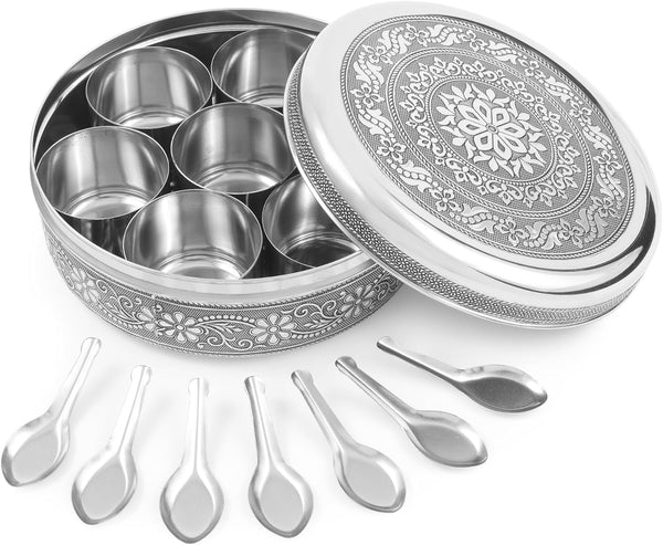 Designer Spice Container Masala Dabba, 7 Spice Jars, Holds 7 Spices, Spice Container Box, Polished Stainless Steel with 7 Serving Spoons, Indian Masala Dabba with Lid, 8 Inch1