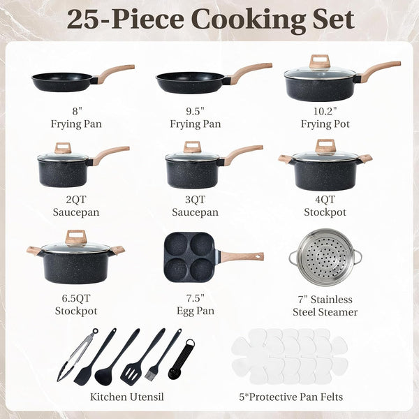 Pots and Pans Set, 25 Pcs Nonstick Kitchen Cookware Set, Induction Kitchen Cooking, Non-Toxic Frying Pans & Saucepans (PFOA/PFOS Free) Black6