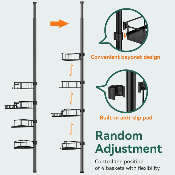 Corner Shower Caddy Tension Pole, 4 Tier Rustproof Shower Tension Rod Organizer, Adjustable 25-125 Inch Bathroom Shower Organizer Shelves for Bathtub Shampoo Storage, Black4