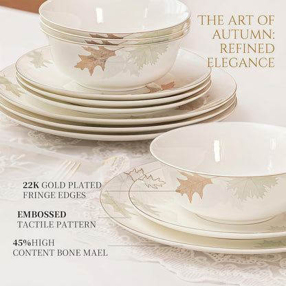12 Piece Bone China Dinnerware Set for 4, Maple Leaf Gold Trim Gift3