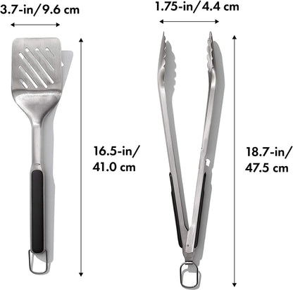 OXO Outdoor Grilling Turner and Tongs Set | Grilling Spatula and Tongs, Beveled Head Slides under Food, Non-Slip Grip, Hanging Ring, Ideal for Grilling & BBQ2