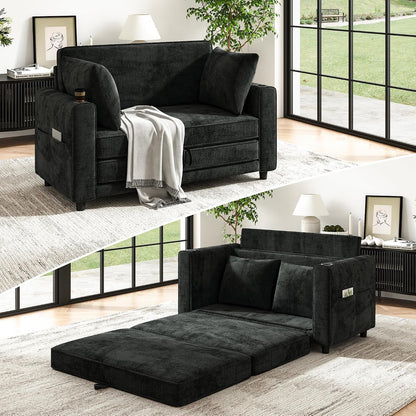Convertible Sofa Bed, Loveseat Folding Floor Futon Sleeper Sofa, Pull Out Sofa Bed, Chenille Foldable Couch with Pillows, Cup Holders, Side Storage Pockets Living Room, Bedroom, Guest Room,Beige1