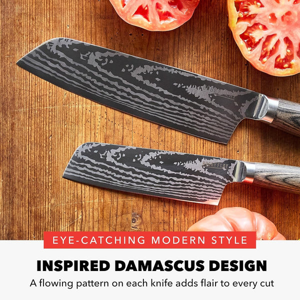 X Bobby Flay 5” & 7” Santoku Knife Set, Premium Stainless Steel Blades, Precision Cutting Kitchen Tools, Ultra-Sharp Cutlery, Hand Finished Ergonomic Wood Handle, Damascus Steel Design10