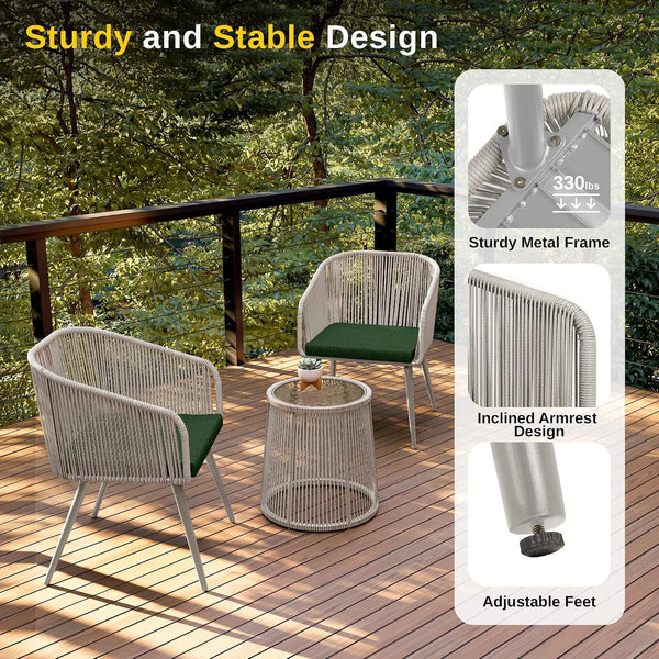 Breezeway Patio Furniture Set, 3-Piece outside Bistro Set Handwoven Rattan Wicker Chairs with Waterproof Cushions, Tempered Glass Table, Outdoor Conversation Set, Ivory White & Jungle Green3
