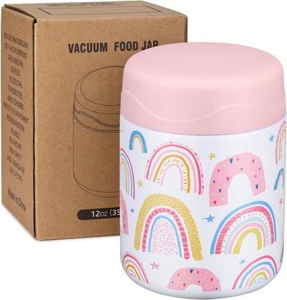 12Oz Soup Thermo for Hot Food Kids Insulated Food Jar Wide Mouth Lunch Container Leak Proof Stainless Steel Vacuum Bento Box for School Office Travel Outdoors White-Rainbow1