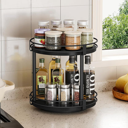 Lazy Susan Spice Rack, 2 Tier Rotating Spice Rack, Wood Lazy Susan Organizer for Cabinet, Black Kitchen Counter Shelf, 10.2" X 10.2" X 10.4"3