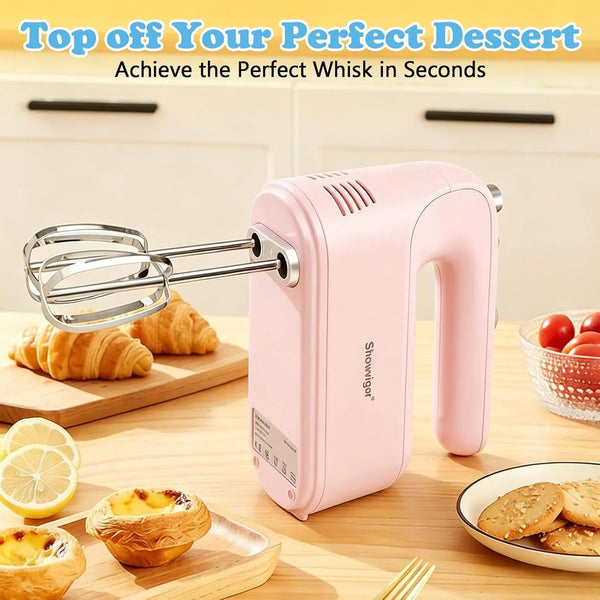 Electric Hand Mixer, 300W Handheld Mixer with 5 Stainless Steel Accessories, 5 Adjustable Speeds + Turbo Boost & Self-Control, One-Button Eject, Food Beater for Cakes, Eggs, Dough (Pink)6