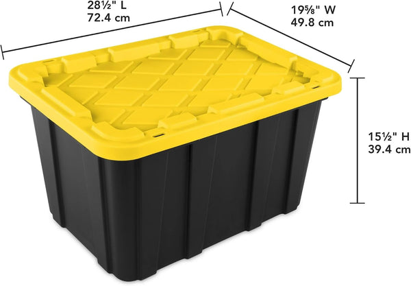 6-Pack 27-Gallon Industrial Totes - Rugged Black & Yellow Plastic Storage Bins with Secure Snap-On Lids, Stackable Design for Garage, Warehouse or Workshop Organization2