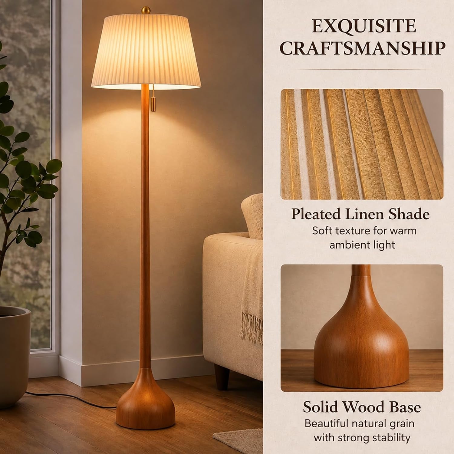 mid-century-modern-real-wood-floor-lamp-with-2-shades-for-two-looks-65-tall-sculptural-teardrop-base-wooden-pull-chain-vintage-standing-lamp-linen-shades-living-room-bedroom-bulb-included