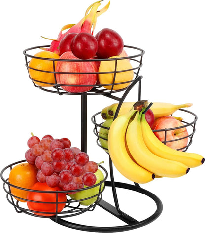 Fruit Basket Bowl with Banana Hanger, Fruit Vegetable Storage Basket with Banana Tree Holder for Kitchen Counter, Detachable Organizer for Bread Snack Produce (Black, 3-Tier Metal Base)1