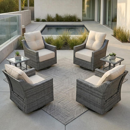 6 Piece Patio Furniture Set, Grey Wicker Outdoor Conversation Set with 4 Swivel Rocker Chairs and 2 Side Tables, 6-Inch Thick Cushions, Beige Olefin Covers for Patio, Porch, Deck1