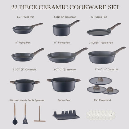 22Pcs Nonstick Pots and Pans Set, Ceramic Cookware Set Non Toxic | Pfas-Free Healthy, Induction Compatible, Dishwasher & Oven Safe, Space Saving, RV Camping Kitchen Cooking Set, Gray2